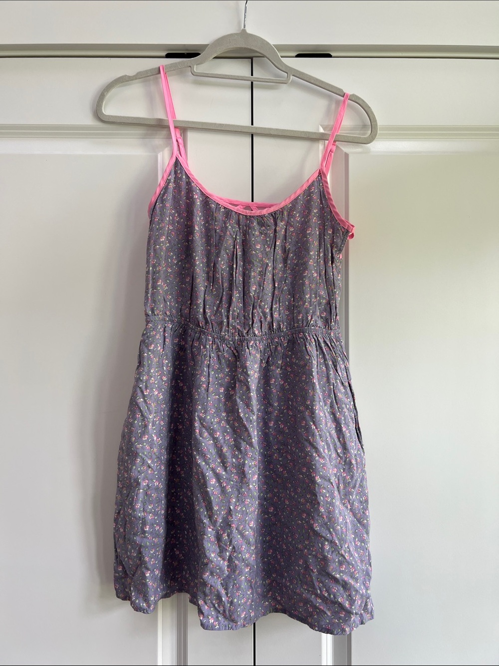Mimi Chica Purple Floral Mini Dress with Pink Latice Trim and pockets